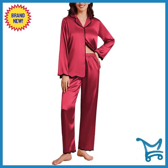 Silk Satin Pajama Set Long Sleeve Button Down Ruffle Trim Sleepwear